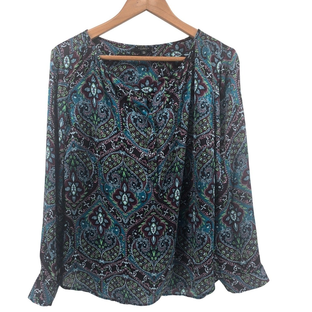 Talbots Blouse Womens 1XP Multicolor Paisley Split Neck Long Sleeve Chiffon Top